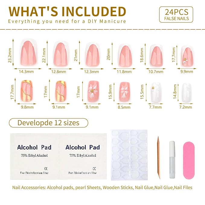 Medium Coffin Press on Nails with 3D Flower Gold lines Nails Press ons Glossy Glue on Nails Pink Acrylic Nails Full Cover Artificial Stick on Nails Reusable for Women 24Pcs