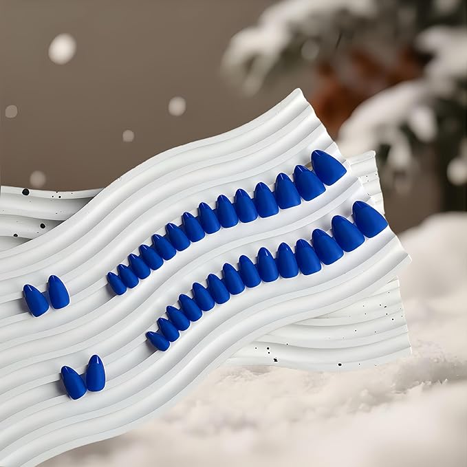 Royal Blue French Tip Press ons, Press on Nails Medium Almond Glue on Nails Short Acrylic Glue on Nail Gel Fake Nail False for Women Fall Winter, in 32 Pcs 16 Sizes