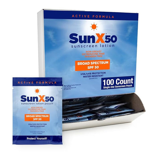 CoreTex Sun X 50 SPF Individual Sunscreen Packets Travel Size (100ct.) - Paraben, Oxybenzone, & Octinoxate Free - Oil Free, Broad Spectrum (UVA/UVB) Sunscreen - Water & Sweat Resistant up to 80 Min.
