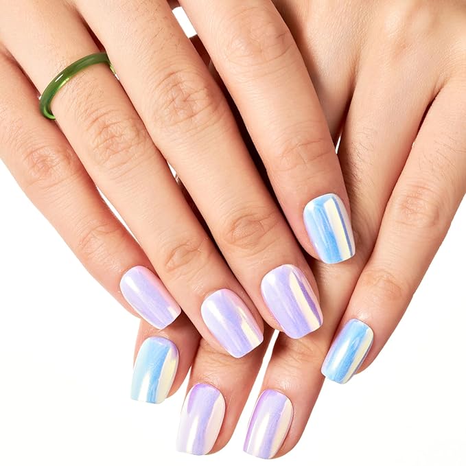 GLAMERMAID Press on Nails Extra Short Square, Purple Blue Chrome Spring Summer Handmade Gel Glue on Nails, Glossy Fake Nails Reusable Acrylic False Nails Manicure Kits for Women