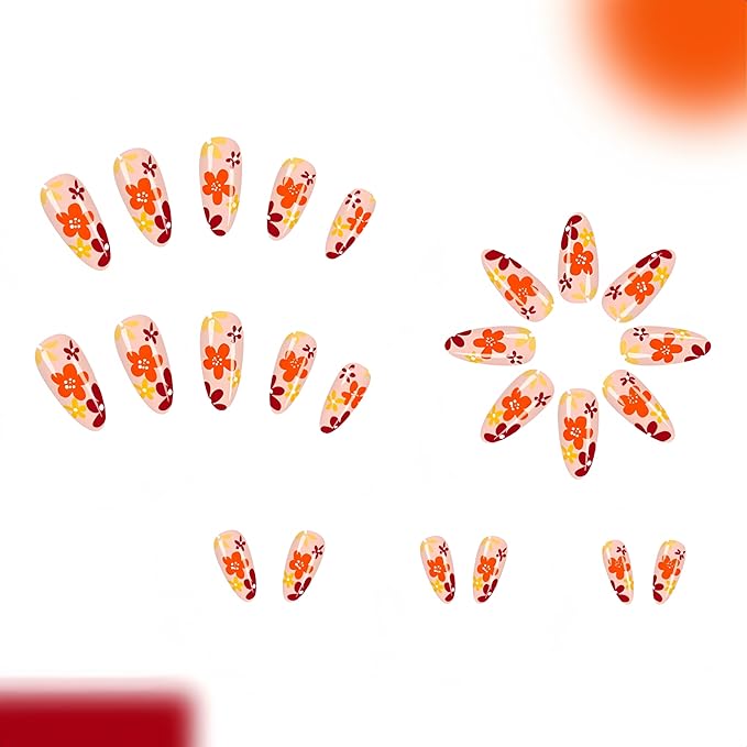 24Pcs Brown Flower Press on Nails Almond Medium Fake Nails Autumn Winter Maillard Color Design Petite Glue on Nails Floral Acrylic Nails Fall Daisy Full Cover Stick on Nail Artificial Nails for Women