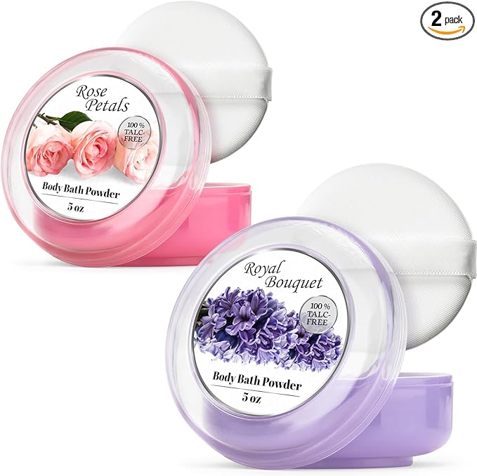 R-NEU 2 Pack Body Powder for Women with Powder Puff, 100% Talc-Free, Elegant Rose Petal & Royal Bouquet Scented Dusting Powder, After Bath for Soft Skin, Extra Large, (2 Pack, 5 Oz Each)