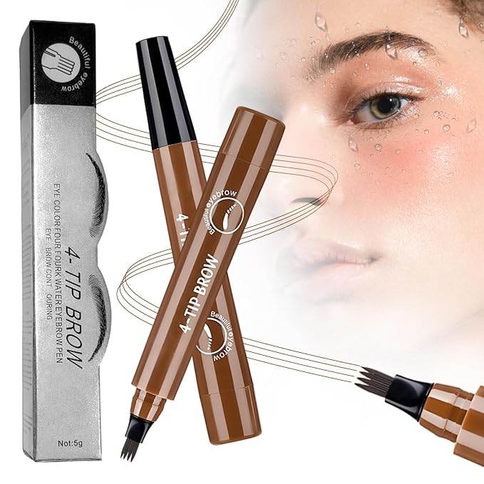 Microblading Eyebrow Pencil, 2025 Upgraded Waterproof Four-tip Beard and Eyebrow Pen, Long Lasting 3D Eye Brow Pencils for Women Natural Hair-Like Strokes (Dark Brown)