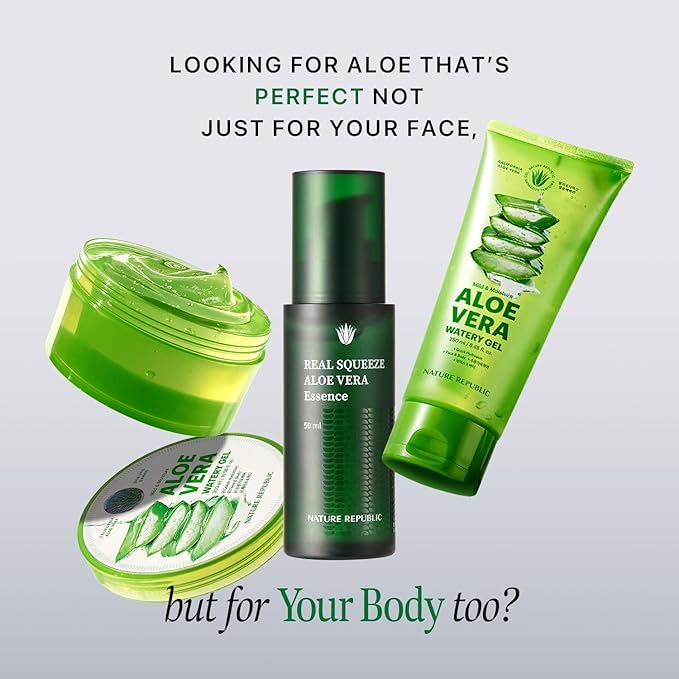 Nature Republic Real Squeeze Aloe Vera Essence -Hydrating Moisturizer & Glow for Face Fast-Absorbing, Non-Sticky After Sun & Aftershave Korean beauty Care for all Skin types Vegan 50ml / 1.69 Fl Oz