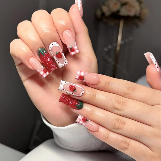 Strawberry Press On Nails Long Square 24pcs, Cute Fruit False Nails with Red Strawberry 3D Design, Pink Gingham French Tips Fake Nails, Glossy Stick On Acrylic Nails Reusable Nail Kit for Women Girls