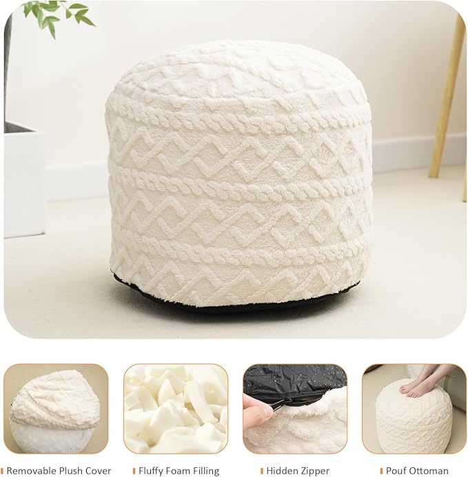 Round Stuffed Pouf Ottoman, Corduroy Poufs with Foam Chunk Filling, Furry and Fluffy Pouf Foot Stool Storage Beige 26"