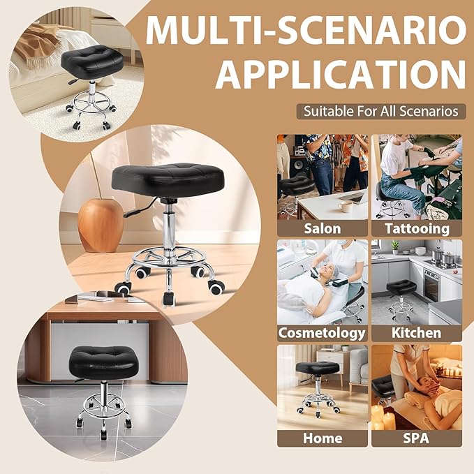 Rolling Stool Wider Rectangular Cushion-Provides a Comfortable, Stable Support Surface with Loop Footrest for Leg Support,Adjustable Stool with Wheels for Salon Tattoo Massage Office Home (Black)