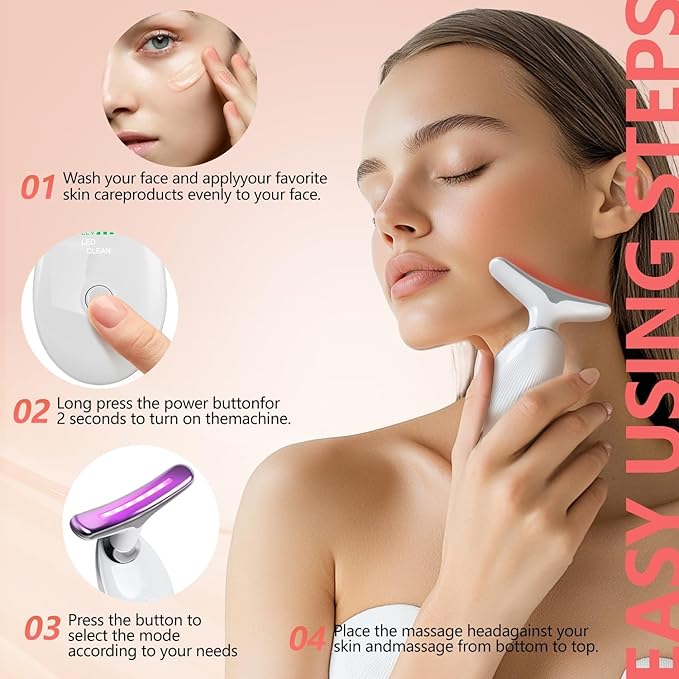 2025 New Face and Neck Massager Tool, 7 Colors LED Womens Skin Care Facial Massager for Skin Rejuvenation, Lifting, Toning, Glow Boost-White