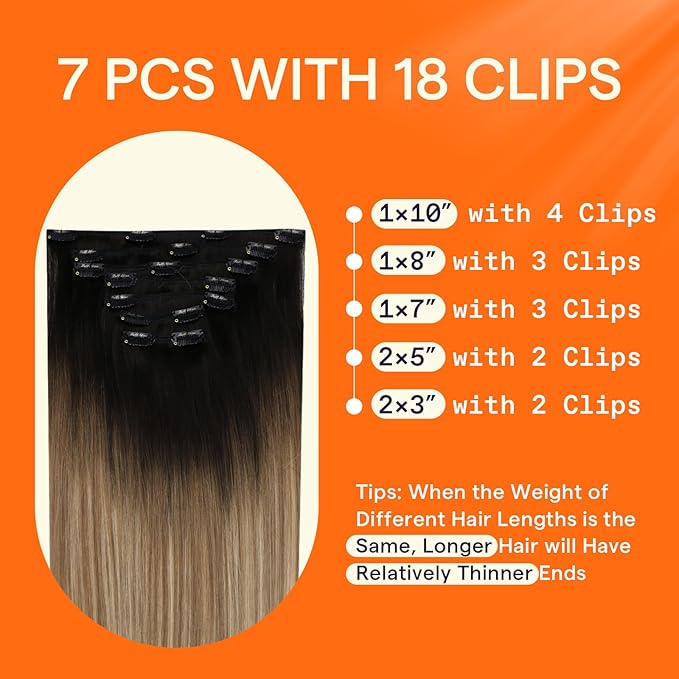 Full Shine Balayage Clip in Hair Extensions Real Human Hair Ombre Black Fading to Brown And Blonde Real Hair Clip in Extensions Double Weft 120 Grams 14 Inch