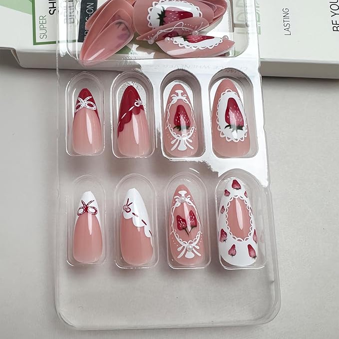 24Pcs Strawberry Press on Nails Medium Almond Fake Nails with 3D Pearl Design Cute Bow Tie Rhinestones Acrylic Nails False Nails Strawberries Red French Tip Glue on Nails for Women Decor