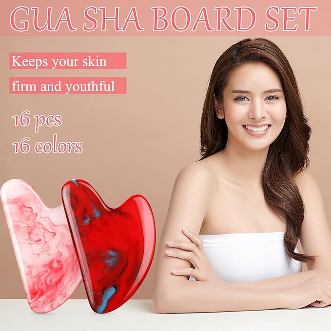 Sherr 16 Pcs Gua Sha Facial Tools Gua Sha Stone Facial Massage Tools Face Massager for Body Spa Acupuncture Relieve Muscle Tensions Puffiness