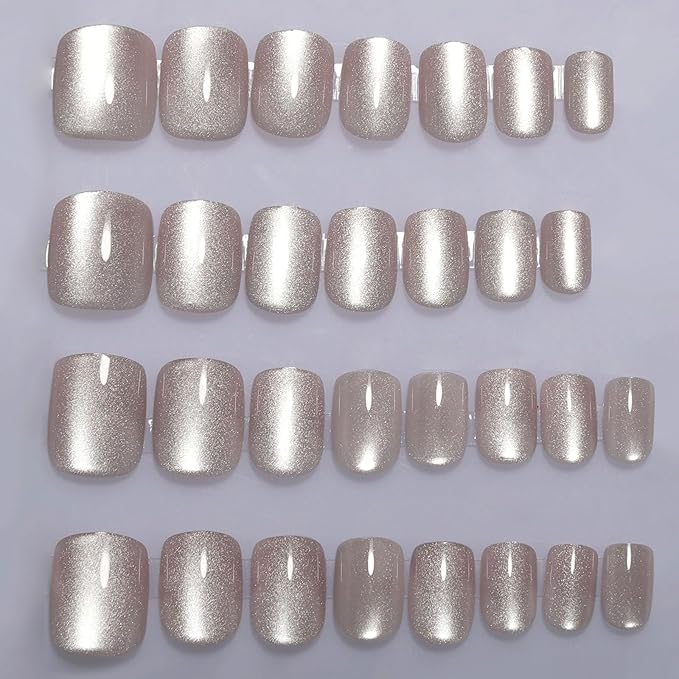 Nude Press On Nails Square, Cat Eye Press On Nails Short Fake Nails with Color-Shifting Glow, Reusable Stick On Nails, 15 Sizes - 30 Nail Kit with Glue, Natural Glue On Nail for Women, Silken Glow