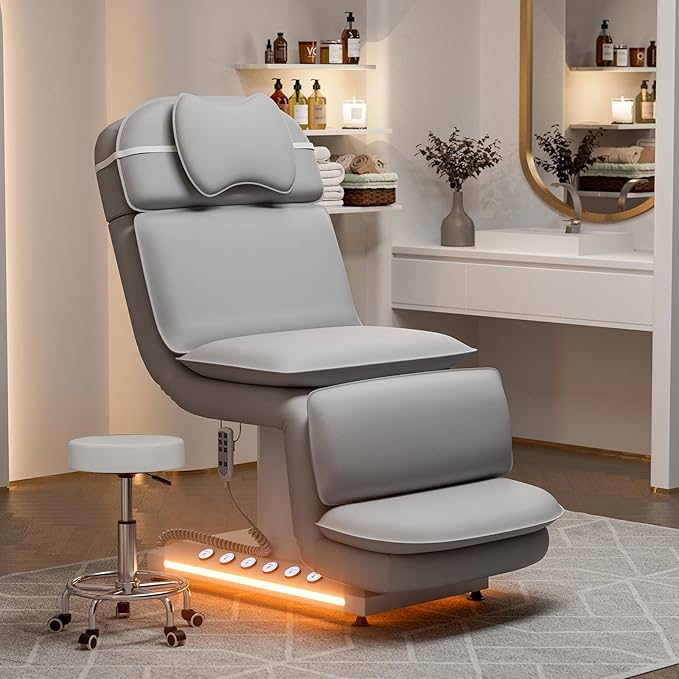 VARONXE Fully Electric Massage Table w/3 Motors, Professional Angle and Height Adjustable Spa Bed Facial Chair, Motorized Esthetician Bed Treatment Table for Beauty Salon, Stool Included, Grey