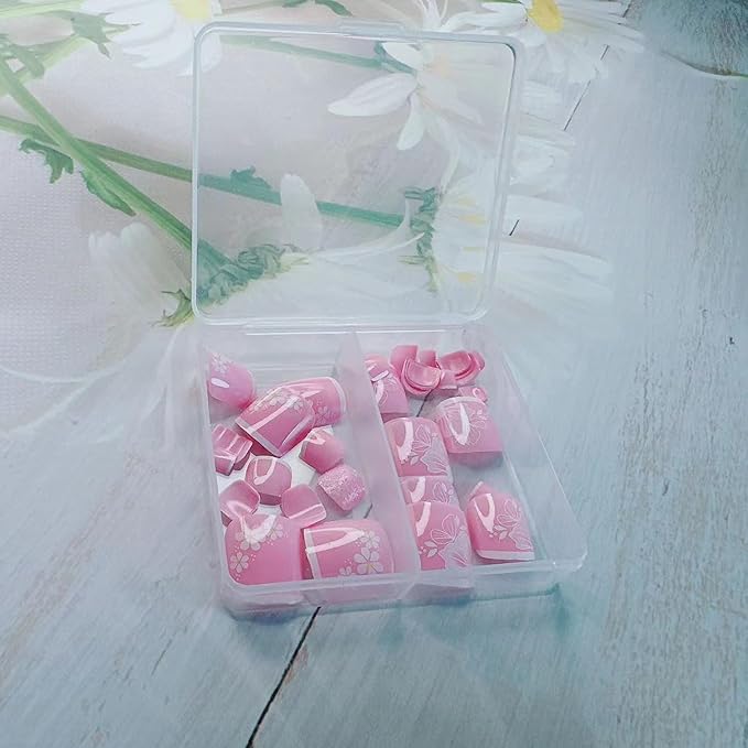 White Flower Press on Toenails Short Square French Tip Press on Flowers Fake Toenails with Floral Designs Glossy Pink Full Cover False Toenails Cute Toe Nails Press ons Acrylic Set for Women 48Pcs