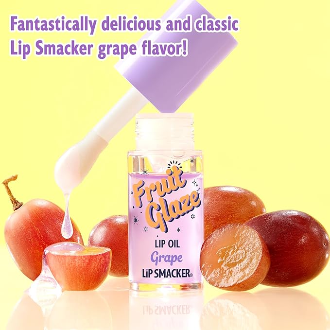 Lip Smacker Fruit Glaze Lip Oil, Ultra-Hydrating & Moisturizing with High-Shine Finish, Plush Applicator for Effortless Glide, Delicious Non-Sticky Flavor - Grape