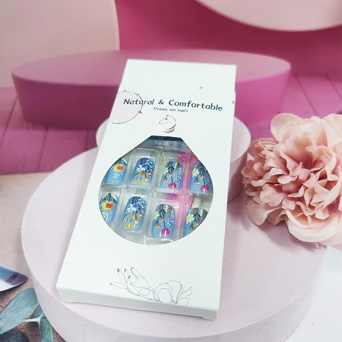 Blue Press on Nails Short Square Acrylic Full Cover False Nails Spring Flower Stick on Nails Glossy Gold Glitter Fake Nails 24Pcs Wild Flowers Gel Glue on Nails for Coquette Women Girls