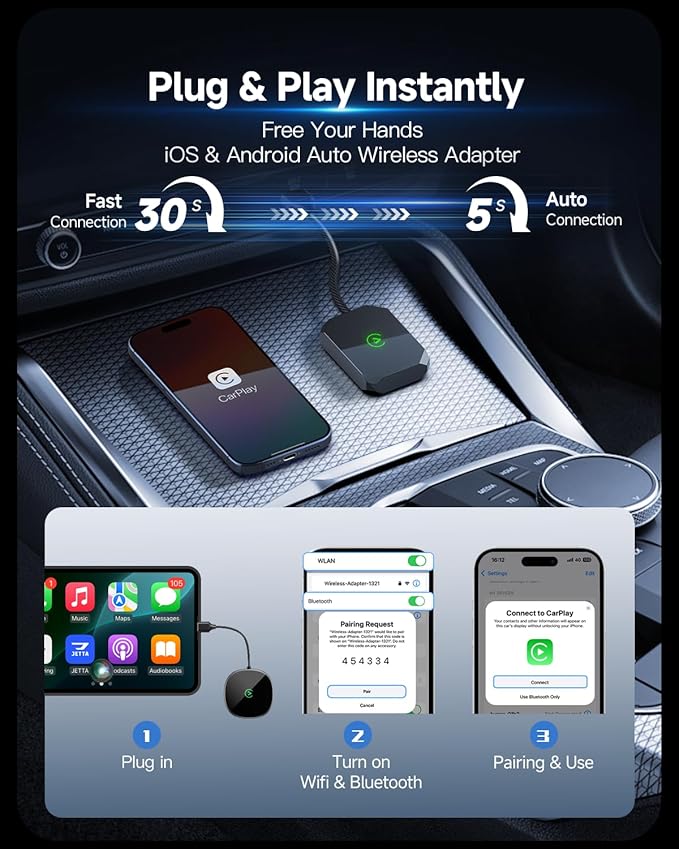 2 in 1 Wireless Carplay Adapter for iPhone Apple & Android Auto Wireless Adapter, [0 Delay & Stable Transmission] 5.8GHz Dual-Core Smart Chip Plug & Play Phone for iOS 10+/Android 11+ 2025 Black