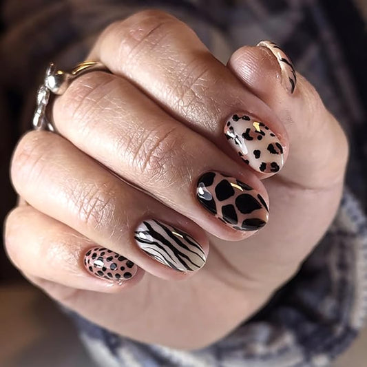 Nude Brown Almond Press On Nails Short, Edgy Fake Nails with Leopard and Zebra Detail, Glossy Gel Finish Acrylic Nails, Reusable Glue On Nail Kit for Women, Trendy Mixed Animal Design False Nail