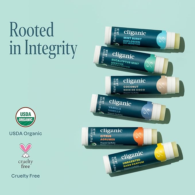 Cliganic Organic Lip Balm Set (4 Packs of 6 Tubes), 100% Natural Moisturizer for Cracked & Dry Lips