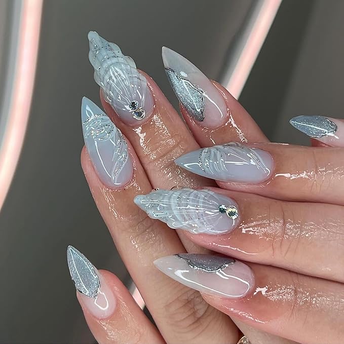3D Shell Press On Nails – 24PCS Medium Almond White Iridescent Fake Nails with Rhinestones, Silver Chrome Mermaid Gel Design, Reusable Glossy Stick On Nails for Women