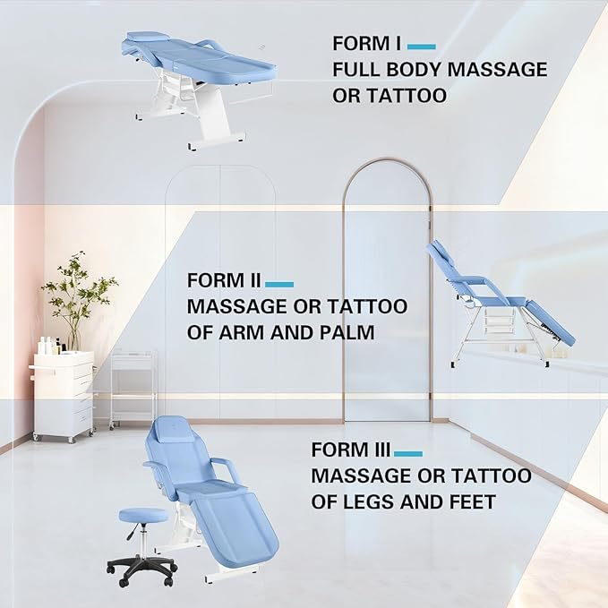 Facial Chair Massage Table 73in 3-Section Multipurpose Massage Bed Professional Tattoo Table Salon Spa Equipment for Facial Spa Beauty Spa Salon Equipment-Light Blue