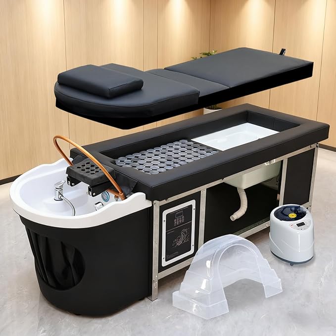 Japanese Head Spa Equipment, Moxibustion Moxa Shampoo Bed, Head/Feet/Back Massage Therapy Table, with Foot Bath Basin, Bianstone Magnetic Therapy, for Spa Beauty Salon Barber (D)