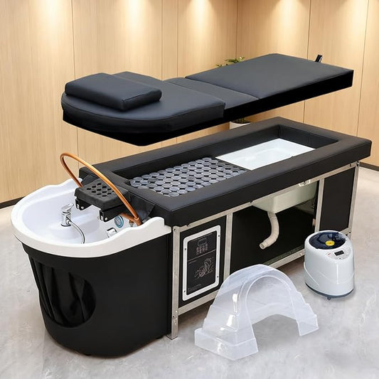 Japanese Head Spa Equipment, Moxibustion Moxa Shampoo Bed, Head/Feet/Back Massage Therapy Table, with Foot Bath Basin, Bianstone Magnetic Therapy, for Spa Beauty Salon Barber (D)