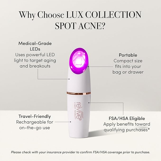 reVive Light Therapy Lux Collection Spot Acne Device, Portable Red & Blue Light LED Therapy Products for Blemish-Prone Skin, Rechargeable, On-The-Go Face Tools for Skincare