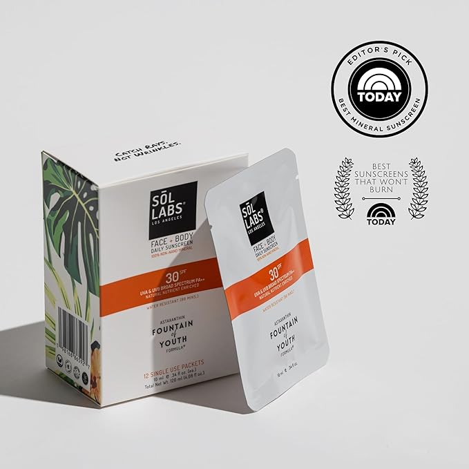 SOL LABS Daily Face and Body Sunscreen SPF 30 | On-The-Go All Natural Mineral, Water Resistant, Reef Safe, Korean Lightweight Formula, No White Cast, Ultra Hydrating, 12 Individual Use Packets