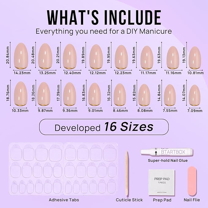 BTArtbox Press On Nails Almond - Short Gold Foil Press On Nails with Glue for Women, Semi-Transparent Soft Gel Glue On Nails in 16 Sizes - 32 Stick On Nails Kit, Gold End