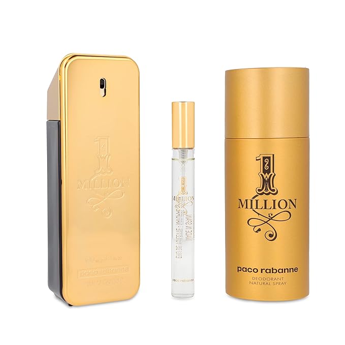 Paco Rabanne One Million 3-Piece Gift Set for Men, (3.4 Oz Eau De Toilette Spray + 5.1 Oz Deodorant Spray + 0.33 Oz Travel Spray)