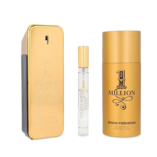 Paco Rabanne One Million 3-Piece Gift Set for Men, (3.4 Oz Eau De Toilette Spray + 5.1 Oz Deodorant Spray + 0.33 Oz Travel Spray)