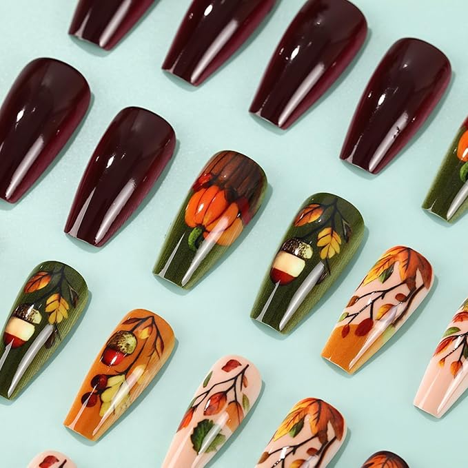 Autumn Thanksgiving Press on Nails Medium Coffin Pumpkin Acorn Fake Nails Fall Maple Leaf Stick on Fingernails Colorful Leaves Acrylic False Nails Glossy Gel Glue on Nail for Women 24Pcs