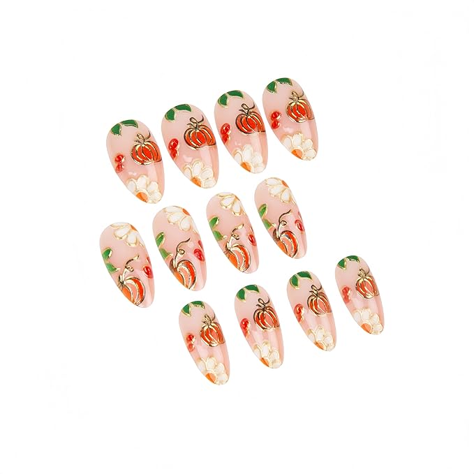 24Pcs Fall Press on Nails Medium Almond Thanksgiving Fake Nails Autumn Gilded Pumpkin Daisy Full Cover Fall Leaves False Nails Reusable Autumn Acrylic Nail Glue on Nail for Women Nail Decoration