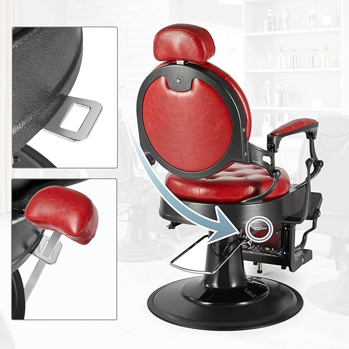 OmySalon Vintage Barber Chair Red All Purpose Heavy Duty, Hydraulic Recline Salon Beauty Styling Chair Retro Red, 360 Degree Swivel for Hair Stylist Tattoo, Round Base, Tufted Button
