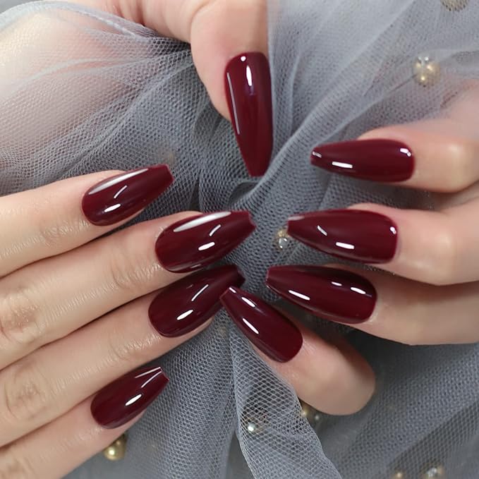 Glossy Deep Cherry Red Fake Nails Long Ballerina Coffin Press on False Nails Manicure Nail Tips Set for Women Girls Finger Wearable