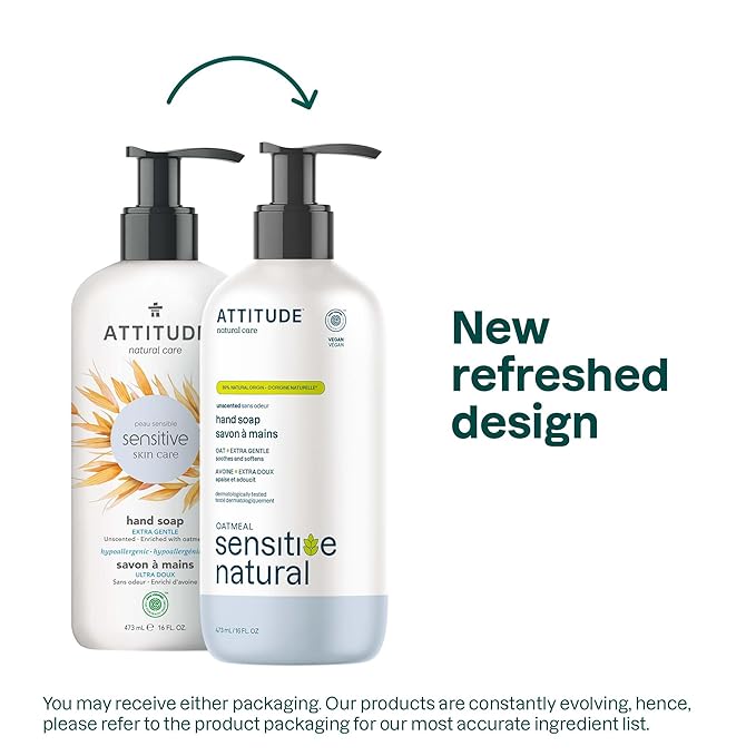 ATTITUDE Hand Soap for Sensitive Skin Enriched with Oat, EWG Verified, Dermatologically Tested, Vegan, Extra Gentle, Unscented, 16 Fl Oz