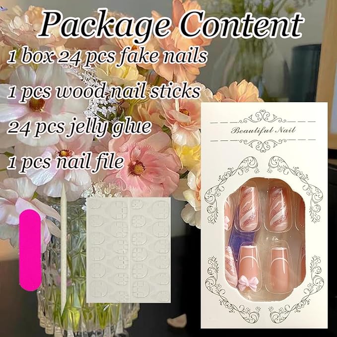 24Pcs French Tip Press on Nails Medium Coffin Fake Nails Bow Charms Acrylic Nails Pink Glitter Nails Tip Artificial False Nails Cute Glue on Nails Glossy Stick on Nails for Women Girls Nail Decoration
