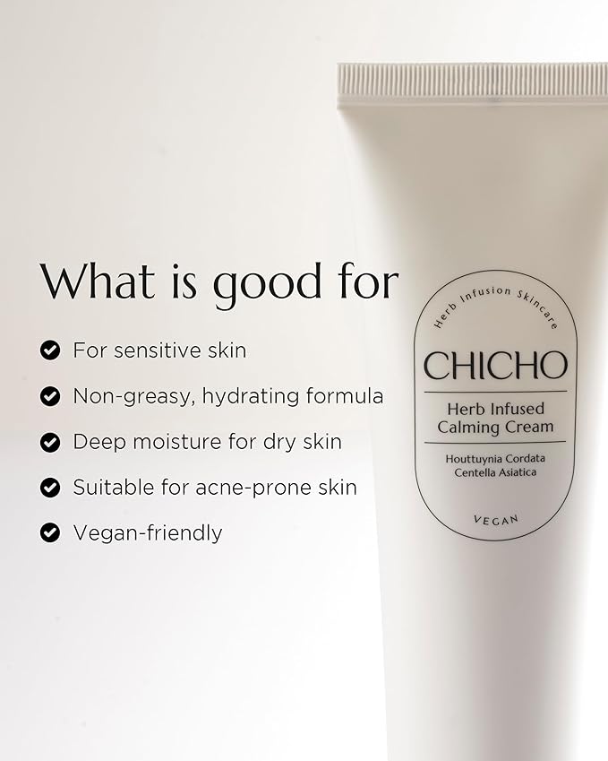 CHICHO Herb Infused Calming Cream - Korean Face Moisturizer with 68.8% Heartleaf & 6-Cica Complex - For Sensitive Acne Prone Skin, Vegan Clean Formula, 2.37 fl.oz.