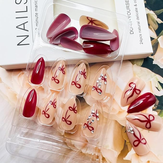 Red Press on Nails Almond Medium Fake Nails with 3D Rhinestones Designs French Press ons Red Bow Glue on Nails Glossy Full Cover Acrylic False Nails Kit for Women Girls Manicure 24Pcs