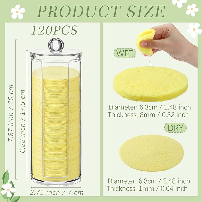 Sieral 120pcs Compressed Facial Sponges Disposable Natural Face Sponges Round Soft Pads with Container for Washing Face Cleansing Exfoliating Esthetician Makeup Removal Travel(Lemon Yellow)