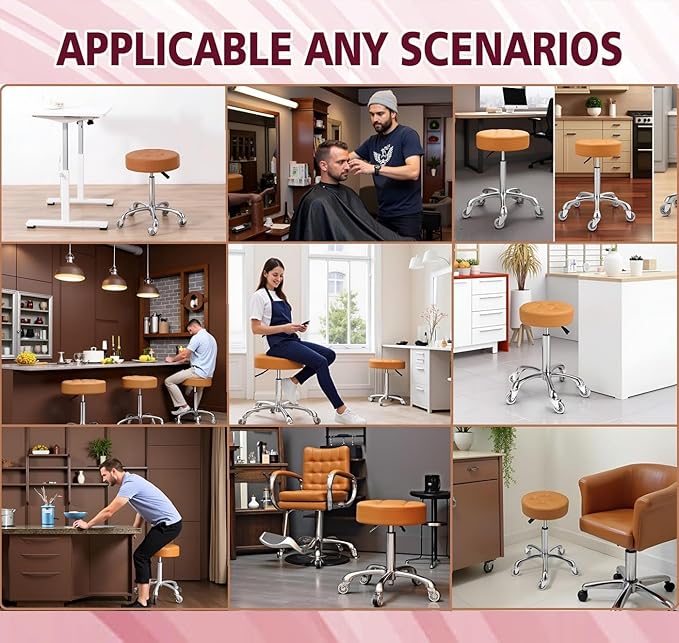 Kaleurrier Adjustable Rolling Stool for Salon: Heavy Duty Swivel Chair with Wheels for Hairdresser Esthetician Lash Tech - Spa Home Office Kitchen Dental Tattoo Shop Use - Seat Height 22”-30” - Camel