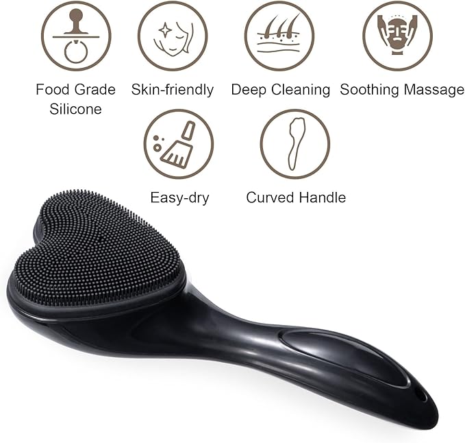 Silicone Face Scrubber Exfoliating Brush, Beomeen 2 Pack Manual Handheld Facial Cleansing Brush Blackhead Scrubber, Soft Bristles Waterproof for Face Skincare (Black,Heart)