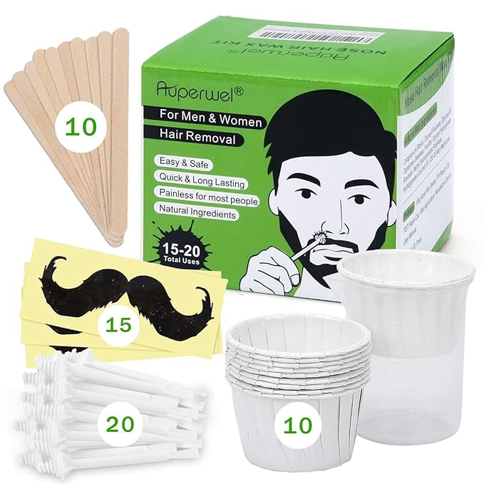 Nose Wax Kit Men and Women with 20 Applicators (15-20 Uses), Nose Hair Wax Kit for Nose & Ear Hair Removal, Painless & Fast, Long-Lasting Results Up to 5 Weeks (100g Nose Wax)