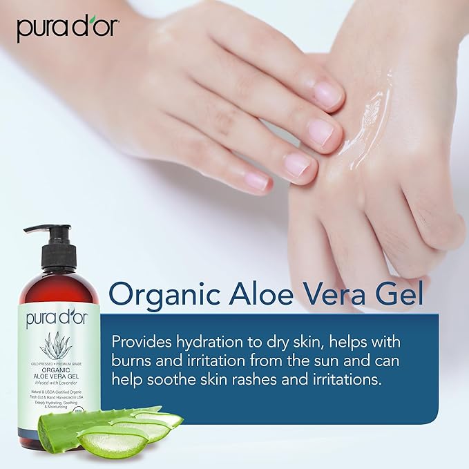 PURA D'OR ORGANIC Aloe Vera Gel Lavender (16 Oz X 3) All Natural - ZERO Artificial Preservatives - Deeply Hydrating & Moisturizing - Sunburn, Bug Bites, Rashes, Small Cuts, Eczema Relief - Skin & Hair