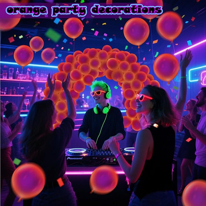 100 Pcs UV Neon Orange Balloons 12 inch Neon Party Supplies, Balloons, Glow in the Dark for Birthday, Graduation, Baby Shower,Wedding, Anniversary Valentines Party Decorations