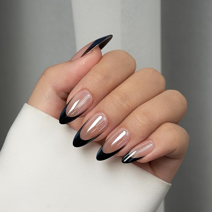 BTArtbox French Tip Press On Nails - Short Almond Press on Nails, Glue On Nails for Gift, Natural Reusable Stick On Nails in 15 Sizes - 30 Fake Nails Kit, Black Swan