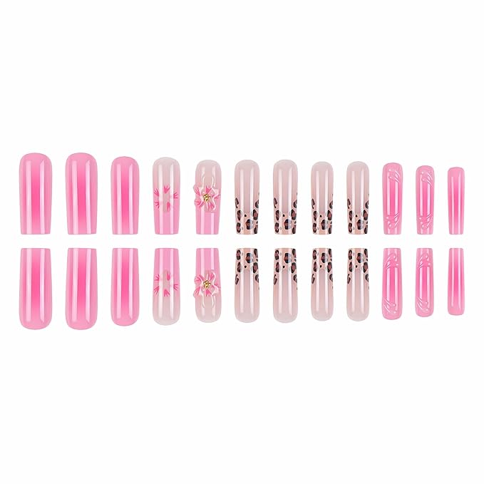 BABALAL Hot Pink Press on Nails Brown Cheetah French Tip Glue on Nails 3D Texture Flower Handmade Acrylic Nails Y2k Gyaru False nails 24Pcs Squoval Manicure Stick on Nails Full Cover Artificial Nails