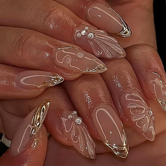 24Pcs Pink Press on Nails Medium Almond Fake Nails Gold French Tip Glue on Nails with 3D Stereoscopic Pearl Rhinestones Design Glossy Acrylic Nails Kit Reusable False Nails for Women Manicure Salon