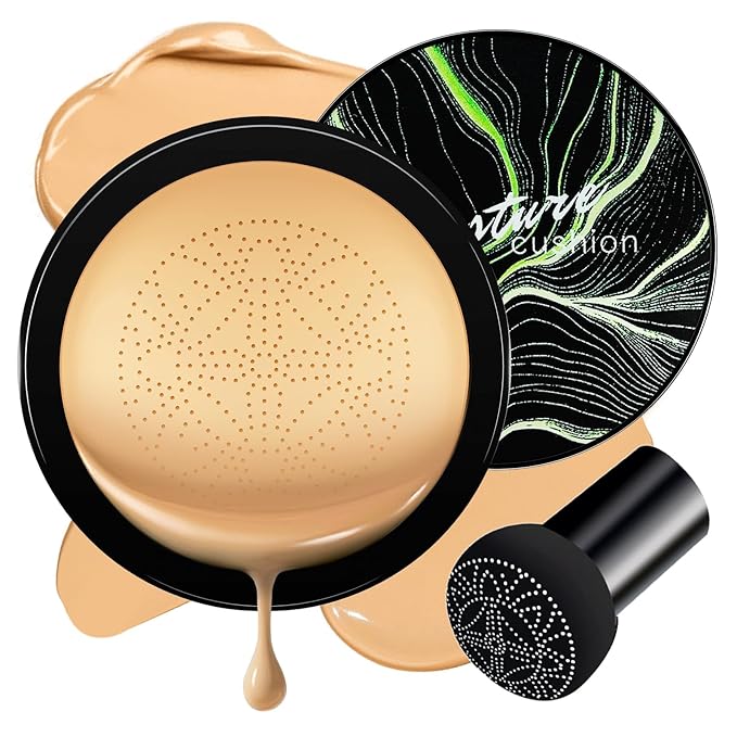 Air Cushion CC Cream Foundation - Mushroom Head BB Cream Face Makeup Moisturizing Concealer Brighten Long-Lasting, Even Skin Tone for All Skin Types (Buff Beige, 1 PCS)